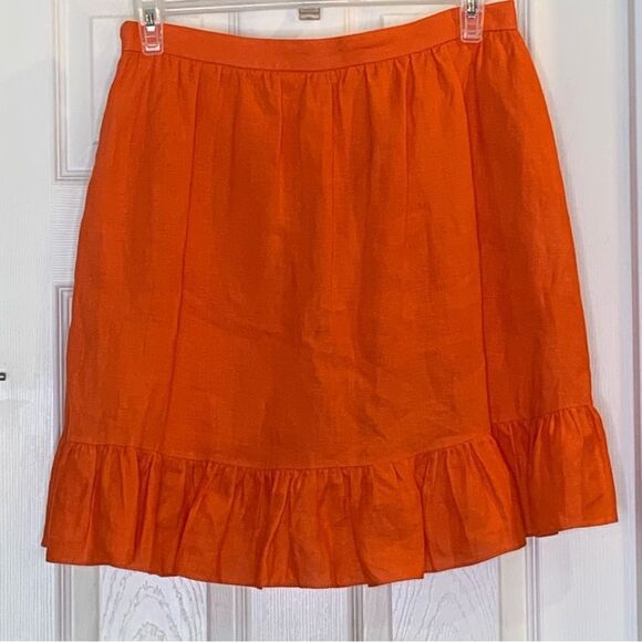 J. Crew 100% Linen Ruffle Hem Faux Wrap Mini Skirt Citrus Poppy Orange Size 10 - Picture 4 of 12
